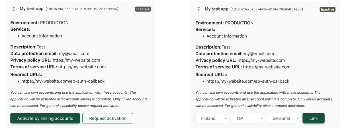Activating your application through the Enable Banking Control Panel by linking accounts"